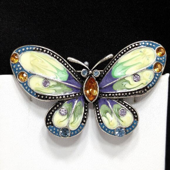 Butterfly Enamel & Rhinestone Brooch, Silver Tone, 1980s Vintage Jewelry - Picture 5 of 10